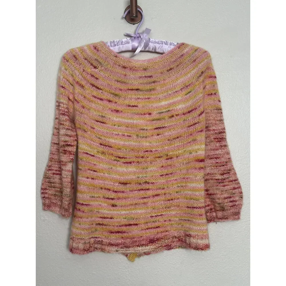 Handmade Knit Merino Wool Yellow Pink Button Up Cardigan Sweater Spring